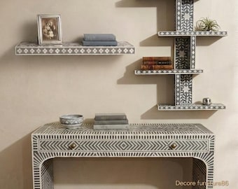 Handmade Bone Inlay 1 Drawer Console Table Set, Entryway Furniture, Folding Legs