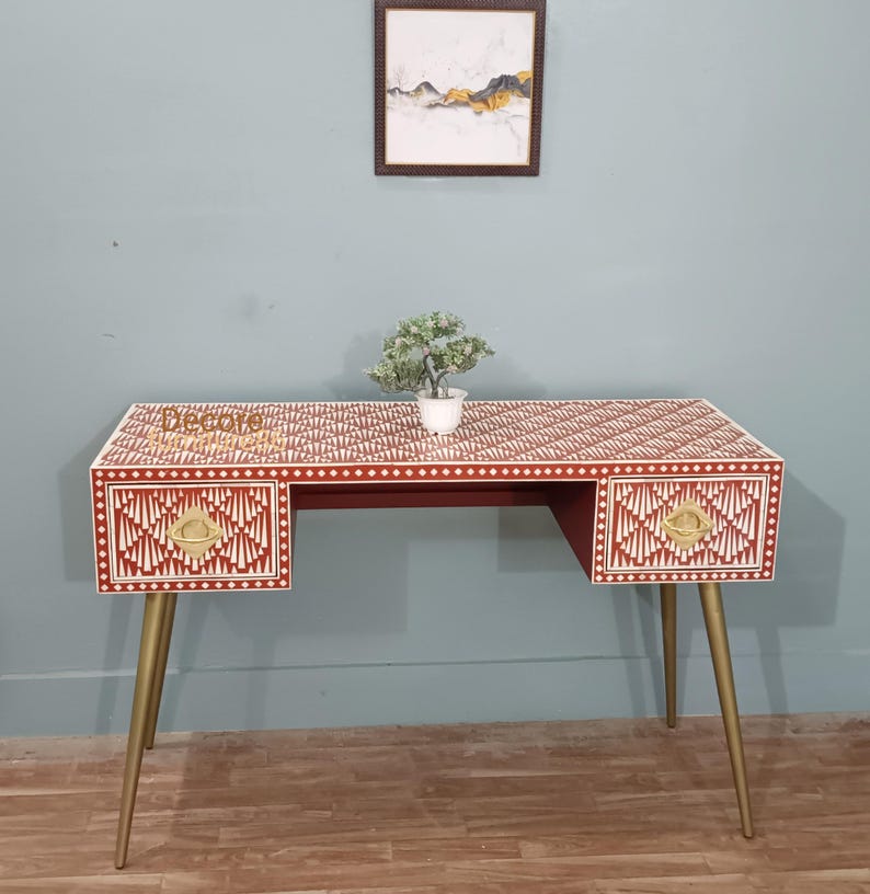 Handmade Bone Inlay Desk: Red Geometric Pattern, 2 Drawers - Etsy