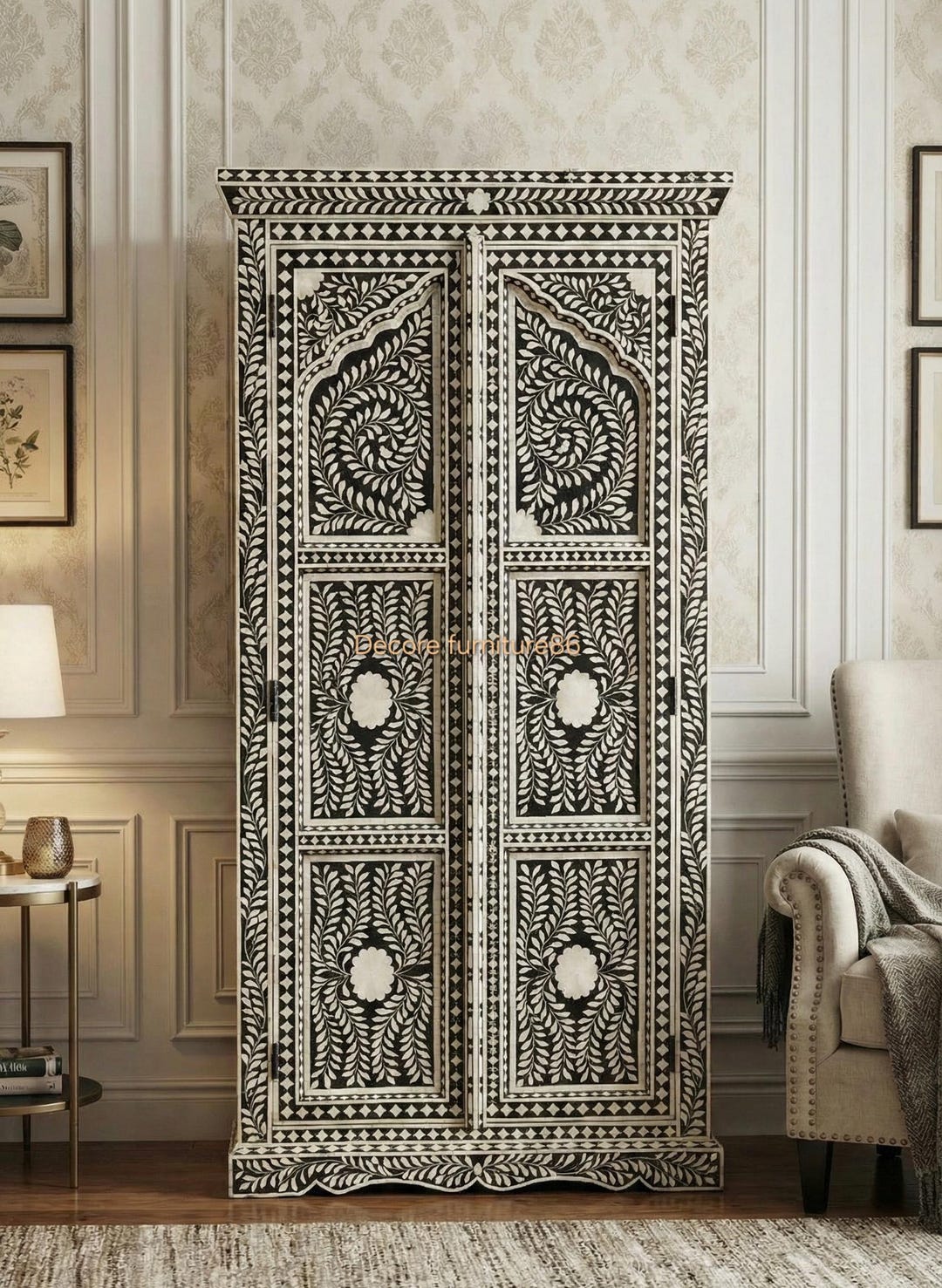 Handcrafted Black & White Bone Inlay 2 Door Wardrobe Cabinet | Floral ...