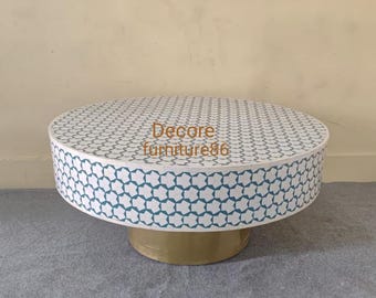 Handmade Bone Inlay Coffee Table: Round Indian Living Room Furniture