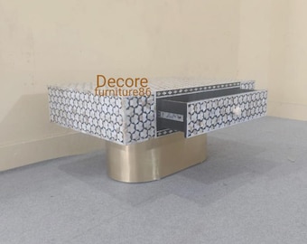 Handmade Bone Inlay Coffee Table: Mother of Pearl Living Room Center Table