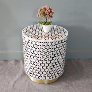 Handmade mother of pearl inlay Side table, mop inlay round and table, bone inlay furniture, mop inlay living room table,