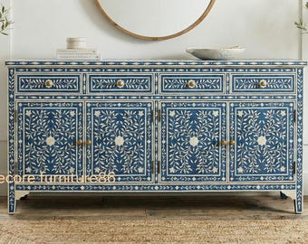 Luxury Handmade Blue White Bone Inlay Sideboard 4 Drawers 4 Doors Storage Cabinet