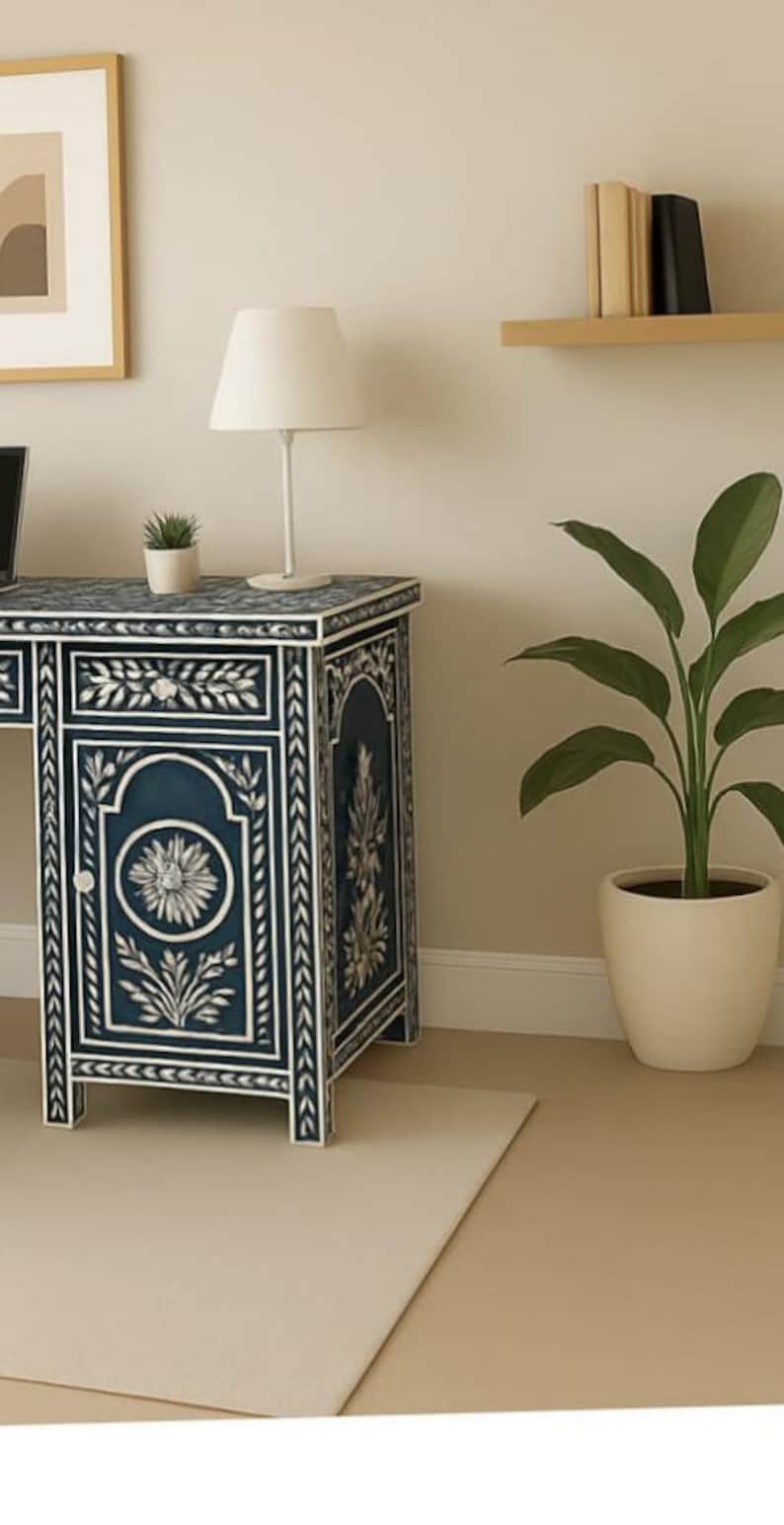 New Bone Inlay Work Desk Blue White Handmade Study Table With Storage ...
