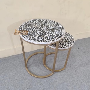 Handmade mother of pearl inlay Side table Set Up 2, mop inlay round and table, bone inlay furniture, mop inlay living room table