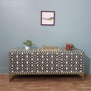 Handmade Bone Inlay Media Console: Black & White Geometric Sideboard