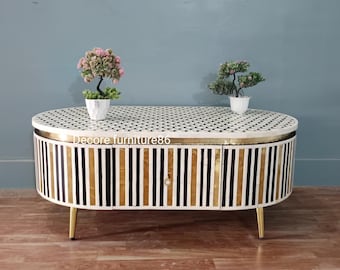 Handmade Bone Inlay Coffee Table: Oval Brass Accent Center Table