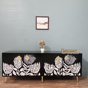 Mother of Pearl Inlay Media Console: Black Sideboard TV Cabinet