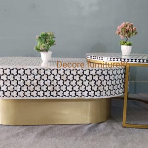 Indian Handmade mother of pearl inlay Oval coffee table set up 2, targua oval coffee table, mop inlay table, mop inlay living room table,