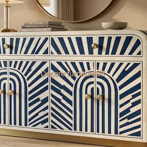 Handmade Blue Bone Inlay Buffet, 2 Drawer 4 Door Sideboard, Brass Knobs