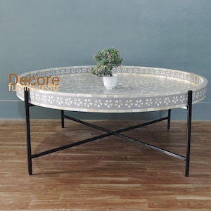 Indian New Handmade bone inlay Round Trey coffee table, bone inlay centar table, bone inlay furniture, bone inlay living room console table,