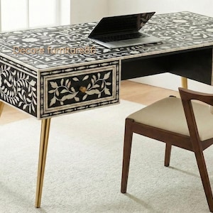 Handcrafted Black Bone Inlay Writing Desk | 2 Drawer Study Table | Gold Metal Legs