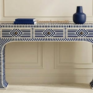 Handcrafted Bone Inlay Console Table | Stripe Design 3 Drawer Entryway Table | Modern Hallway Furniture