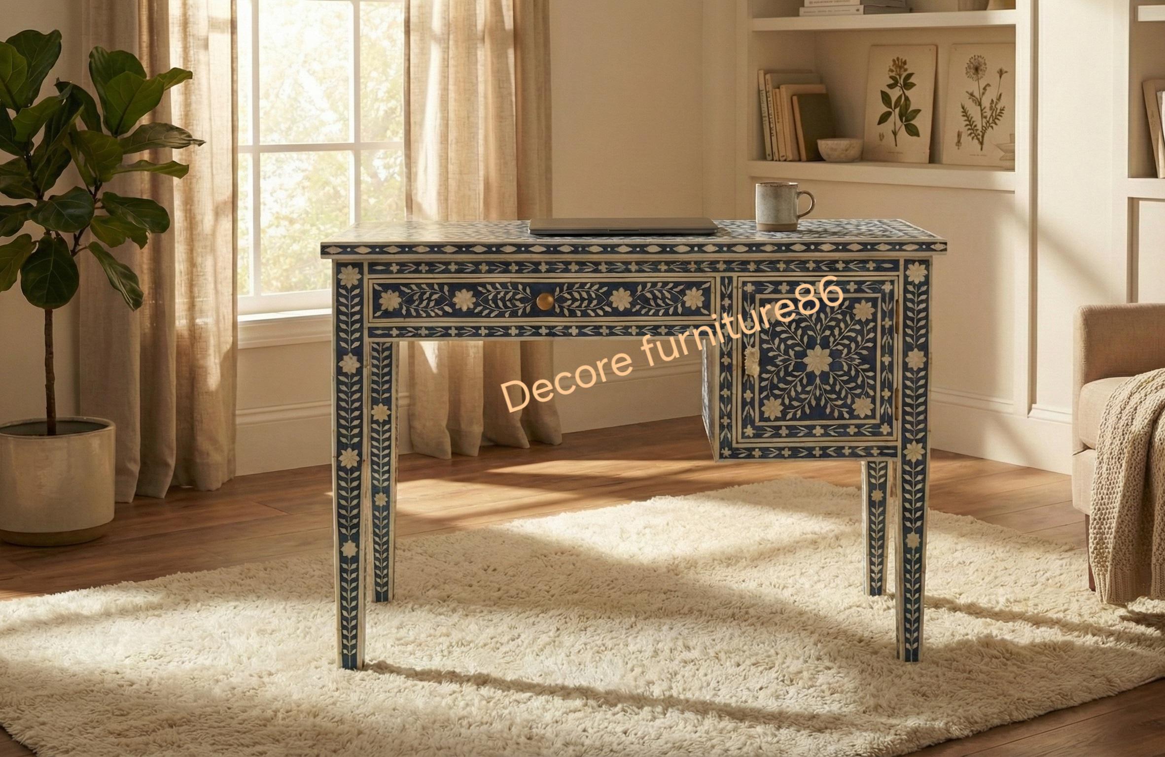 New Handcrafted Blue & White Bone Inlay Work Desk | 1 Drawer 1 Door ...