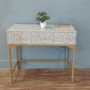 Bone Inlay 3 Drawer Console Table | Handmade Floral Inlay Table | White Bedroom Decor Chest with Brass Base | Hallway or