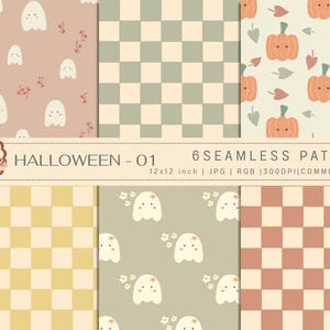 Halloween Seamless Pattern Digital Paper Set | Cute Ghost & Pumpkin Plaid Background | Fall Autumn Seamless Digital Paper | Commercial Use