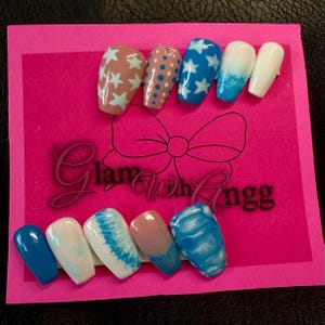 blue & white hand painted reusable press on nails