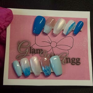 blue & white hand painted reusable press on nails