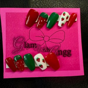 Strawberry hand painted reusable press on nails