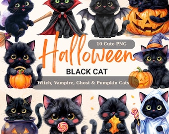 Halloween Black Cat Clipart Set: Witch, Vampire, Ghost Cats (PNG Digital Download)