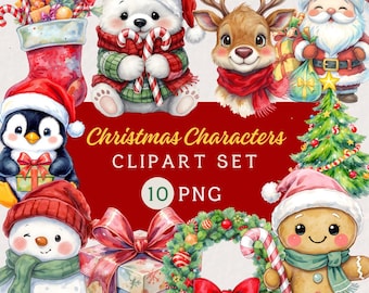 Weihnachten Figuren Clipart: Weihnachtsmann, Schneemann, Rentier (PNG Digital Download)