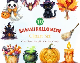 Kawaii Halloween Clipart Set – Ghost, Pumpkin, Cat (10 PNG)