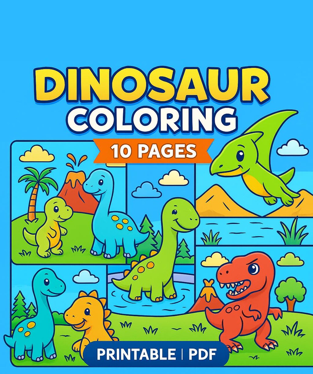 10 Dinosaur Coloring Pages – Printable PDF – Fun Kids Activity – Ages 3 ...