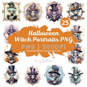 Gothic Witch Portrait Clipart: Halloween PNG Illustrations (25 Files)