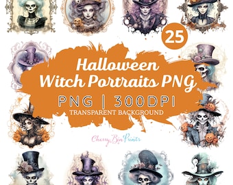 Gothic Witch Portrait Clipart: Halloween PNG Illustrations (25 Files)