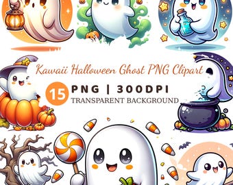 Kawaii Halloween Ghost Clipart – 15 PNG Illustrations (Digital Download)