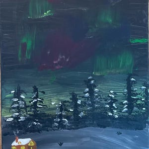 Quiet Light (11 x 14 inch acrylic original handmade painting of northern lights with a cabin)