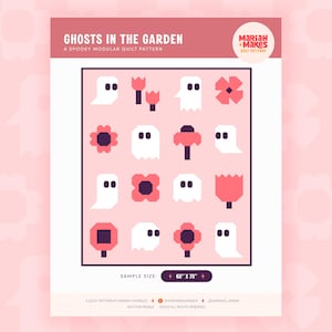 Op de afbeelding: Een quiltpatroon getiteld Ghosts in the Garden van Mariah Makes. Het ontwerp heeft een lichtroze achtergrond met een raster van witte geesten en roze bloemen met donkerpaarse omlijningen. De voorbeeldmaat is 152 cm bij 178 cm.
