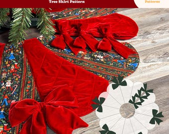 May include: A red velvet tree skirt with a quilted design and large bow accents. The skirt is paired with a patterned fabric featuring festive illustrations. The image also includes a paper template with green bow details. Text reads "Twinkle Ties Tree Skirt Pattern".