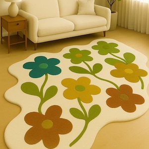Irregular Shaped Handmade Tufted Flower Rug – Modern Floral Cut Pile Carpet for Living Room Decor floor covering area rug,