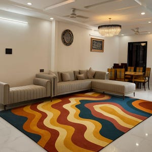 Modern Wavy Pattern Area Rug | Colorful Flat Pile Carpet for Living Room | Hand Tufted Wool Rug | Abstract Retro Design Rug | 5x7 6x9 8x10