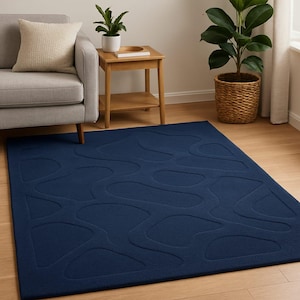 Handmade Navy Blue Wool Rug: Modern Abstract Living Room Carpet