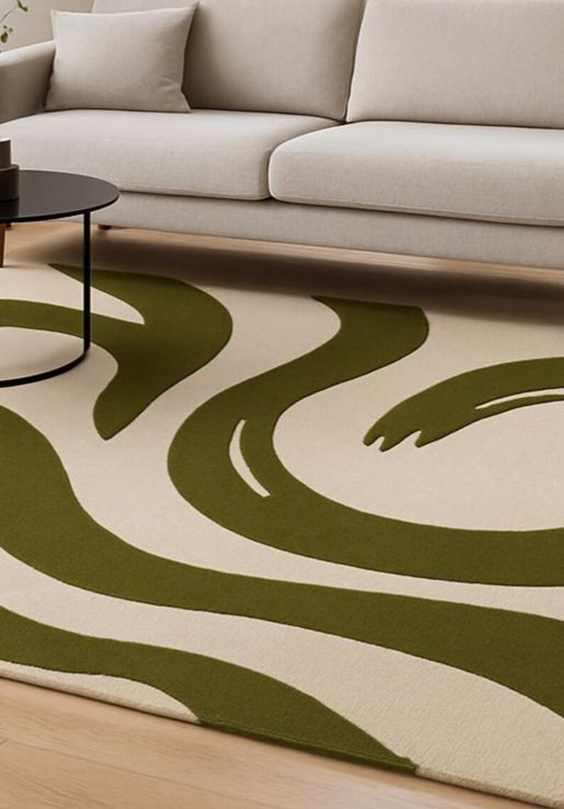 Modern Olive Green Abstract Wave Rug, Hand Tufted Wool Carpet for ...