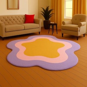 Abstract Tufted Rug: Colorful Wavy Pastel Carpet, Irregular Shape