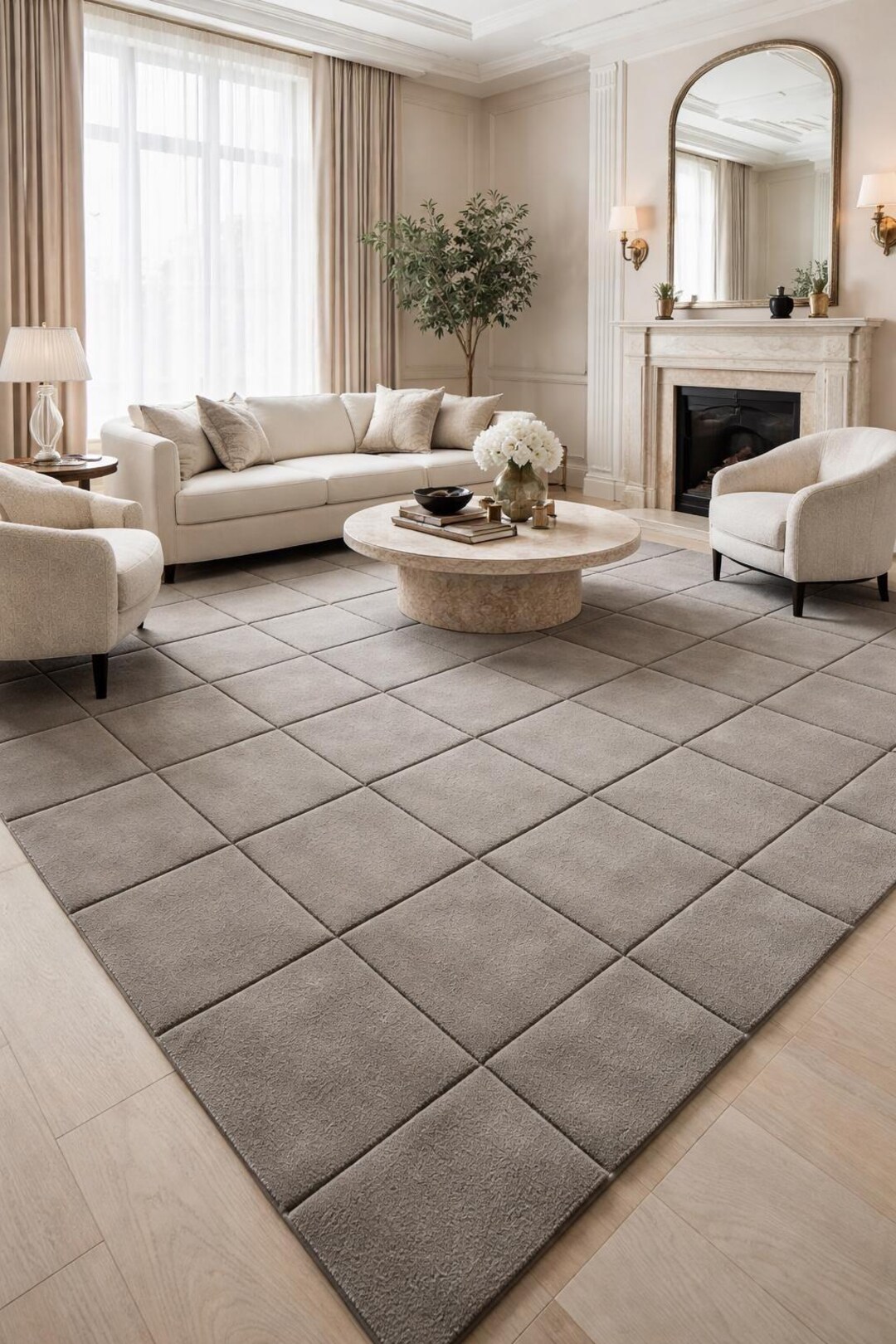 Hand Tufted New Zealand Wool Rug | Beige Grid, Modern Minimalist - Etsy