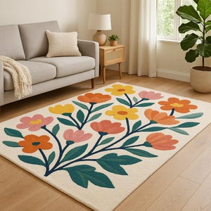Hand-Tufted Wool Floral Rug: Colorful Boho Botanical Carpet