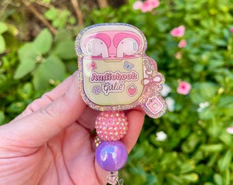Audiobook Girlie Badge Reel|Headphones|Recharge|Learning|Free Shipping
