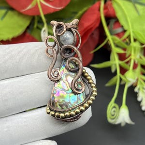 Abalone Shell with Moonstone Gemstone Copper Wire Wrapped Handmade Pendant Jewelry, Ideal for Gift