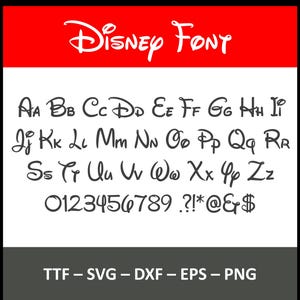 May include: A black and white Disney Font with uppercase and lowercase letters, numbers, and symbols. The word "Disney Font" is in white script on a red background. The image also includes file type information.