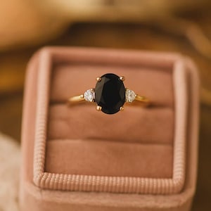 Oval Black Onyx Moissanite Three Stone Ring, Delicate Stackable Engagement Band