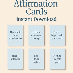 30 Tarjetas de Afirmaciones Imprimibles para la Ansiedad – Frases Diarias Relajantes – Salud Mental y Autocuidado – Descarga Instantánea