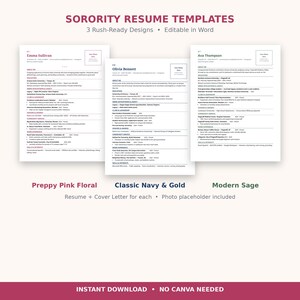 Op de afbeelding: Drie cv-sjablonen voor studentenverenigingen met de tekst Sorority Resume Templates, 3 Rush-Ready Designs, Editable in Word, Preppy Pink Floral, Classic Navy & Gold, Modern Sage, Resume + Cover Letter for each, Photo placeholder included, Instant Download, No Canva Needed.