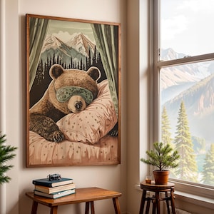 Sleeping bear in the mountains, wall art – Cute nursery printable, kids room décor, baby shower gift, A4 A3 Digital download