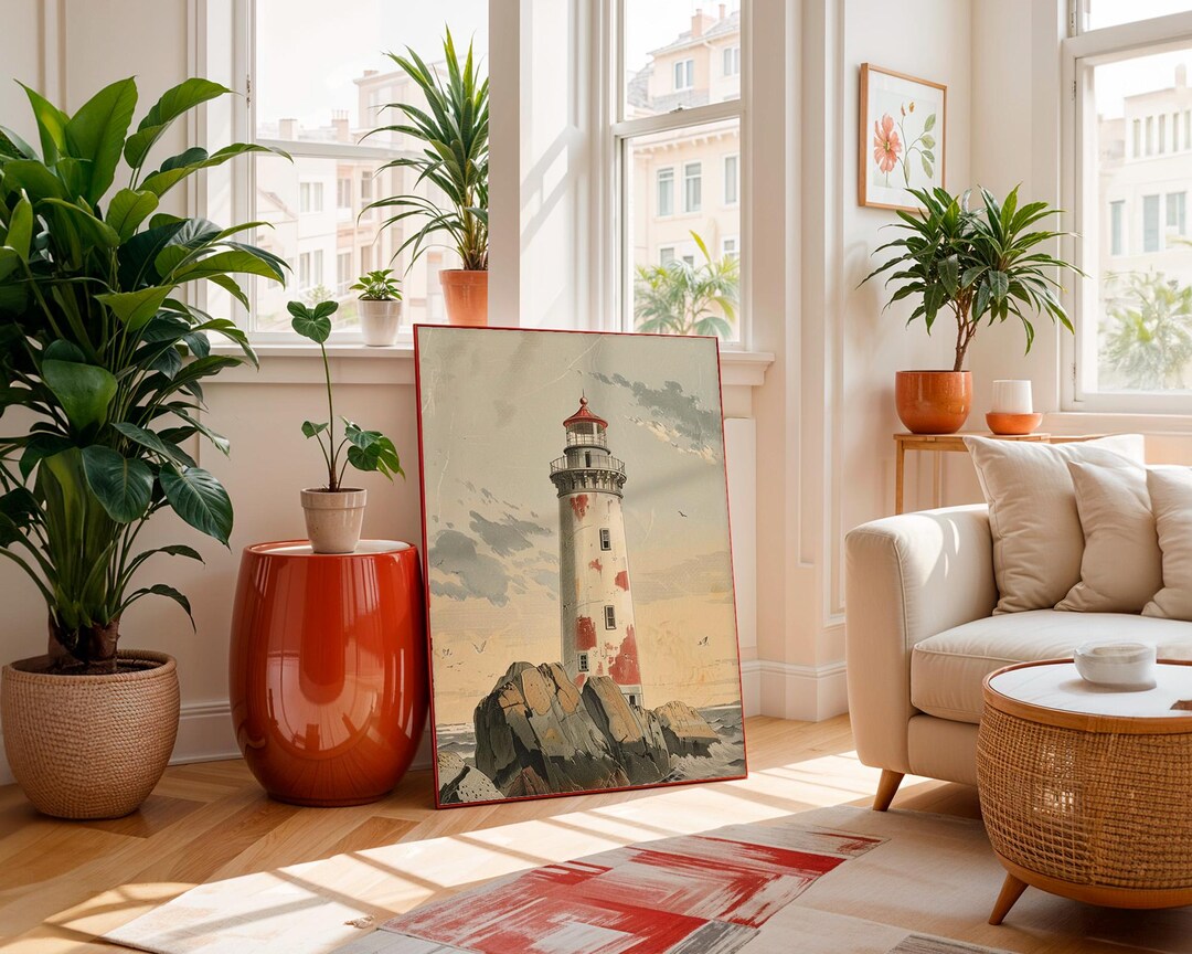 Rustic Red Lighthouse Art Print – Vintage Seaside Decor for Living ...
