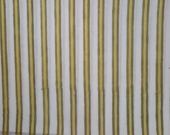 Hand Block Printed Stripe Cotton Fabric: Indian Textile, Green & Yellow