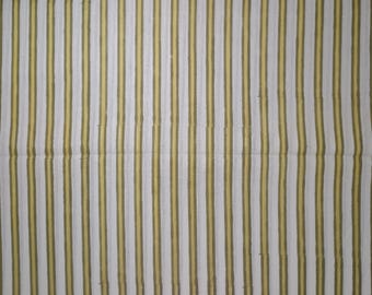 Hand Block Printed Stripe Cotton Fabric: Indian Textile, Green & Yellow